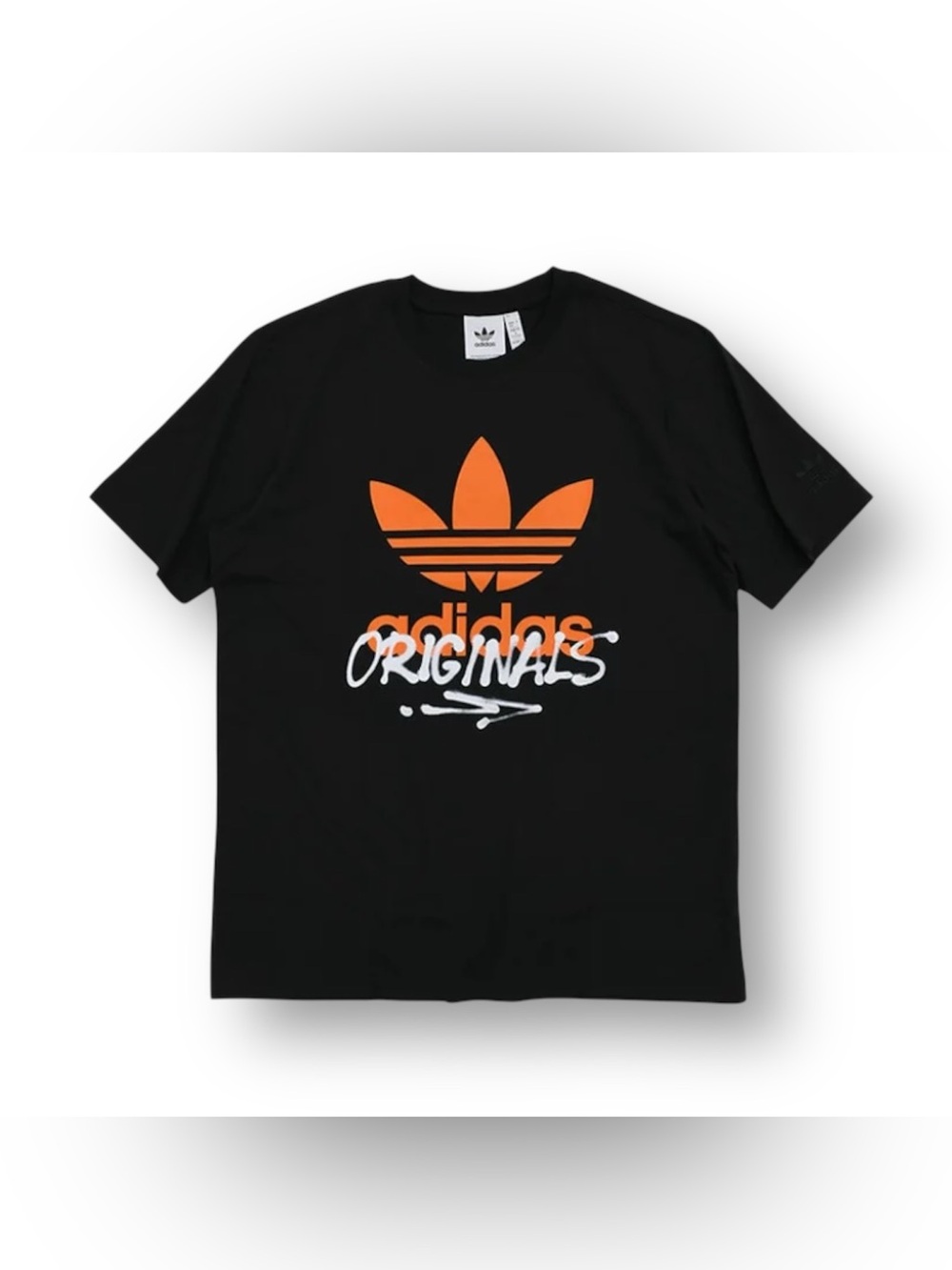 adidas Black Tee with Orange Trefoil and White Script Graphic logo IZ2578